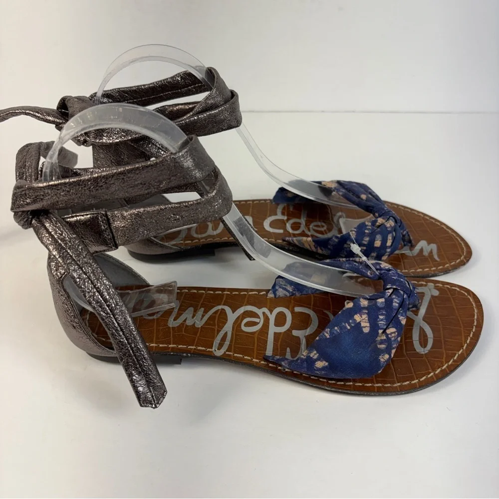 Sam Edelman Blue Tie-Front Sandals with Metallic Ankle Wrap - Picture 2 of 4